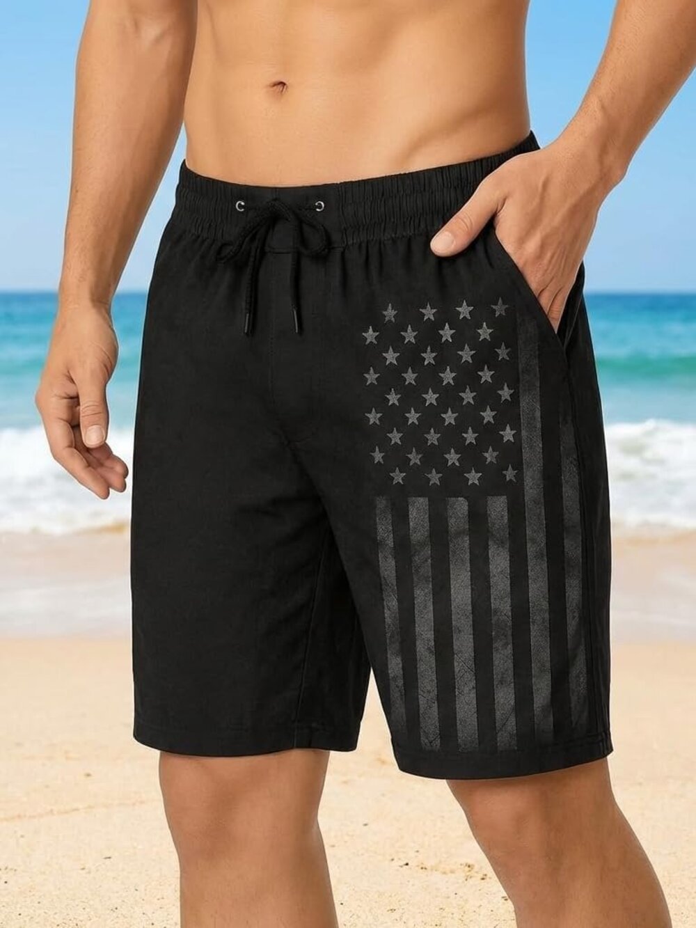 Men’s Black Flag Swim Trunks Quick Dry Beach Board Shorts Drawstring Sz L/XL/XXL